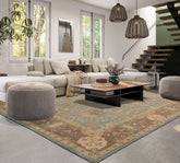 8 x 10  Aqua Taupe Beige Color Hand Tufted William Morris 100% Wool Transitional Oriental Rug